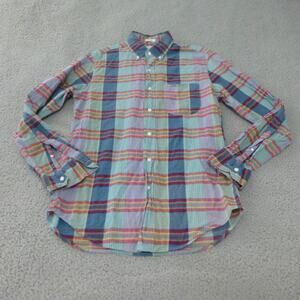 J Crew Shirt Mens Medium Button Up Indian Madras Plaid Blue Classic Cotton